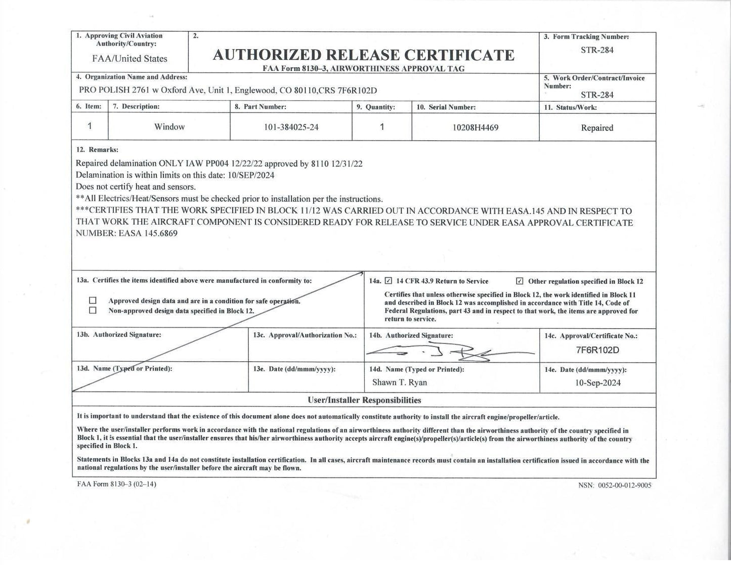 SOLD! 101-384025-24 WINDSHIELD RH COPILOT