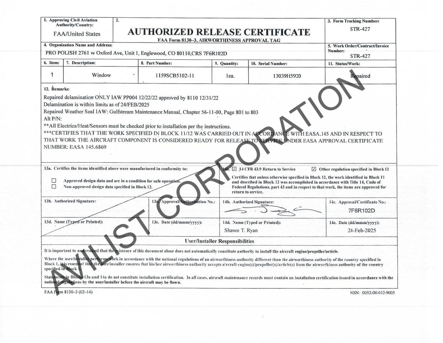 1159SCB5102-11 WINDSHIELD ASSY RH COND: REPAIRED FAA 8130-3