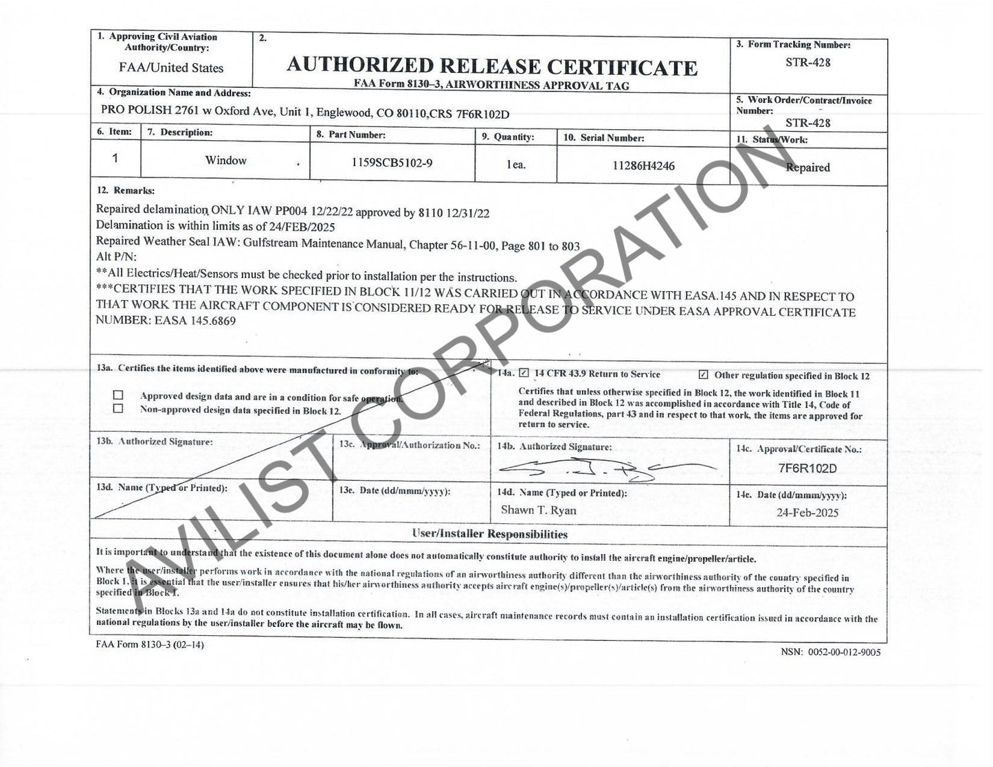 1159SCB5102-9 WINDSHIELD ASSY LH COND: REPAIRED
