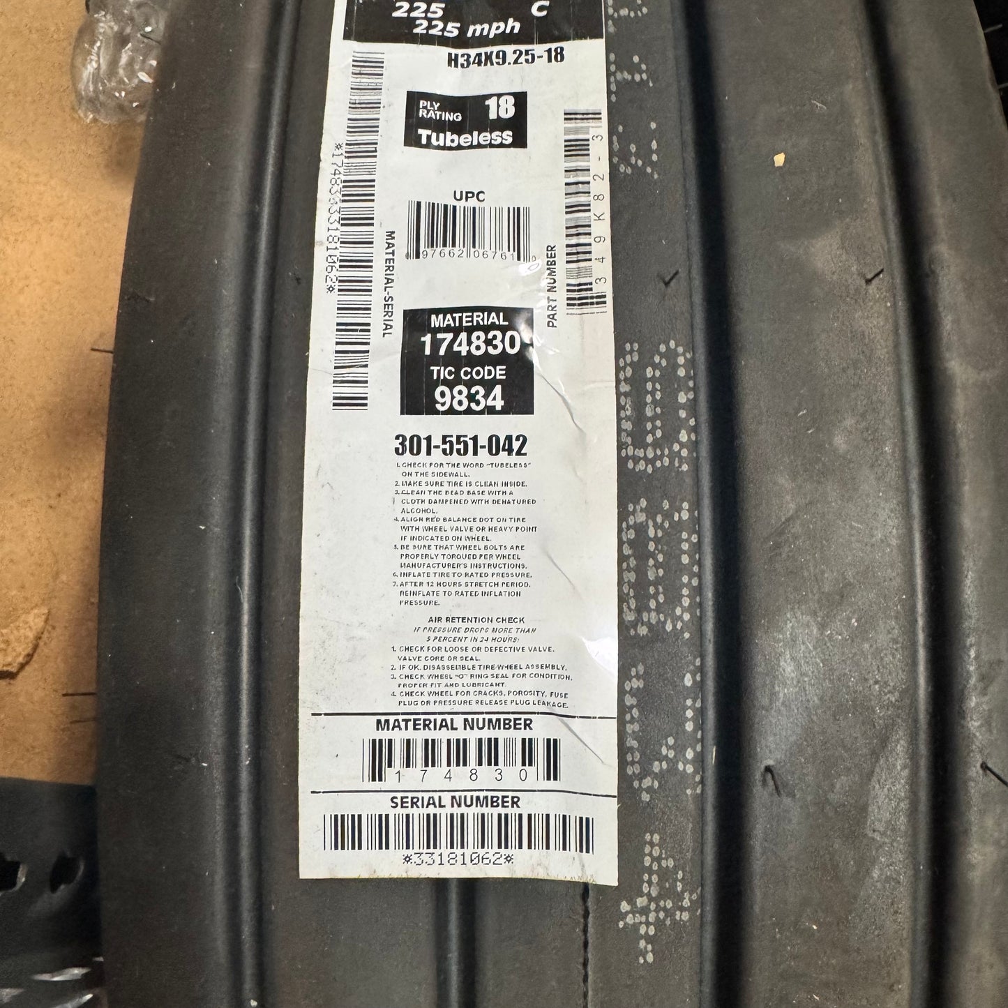 349K82-3 Goodyear Tire & Rubber® Aviation Tl Flight Eagle® 18 Ply Tire 301-551-042 H34 X 9.25-18 225 mph