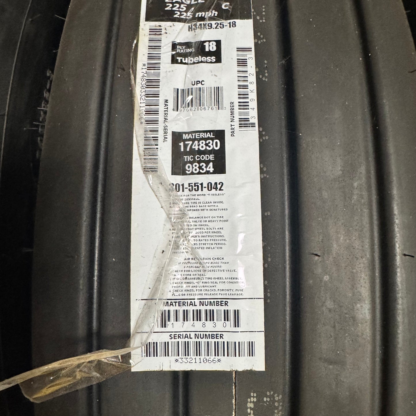349K82-3 Goodyear Tire & Rubber® Aviation Tl Flight Eagle® 18 Ply Tire 301-551-042 H34 X 9.25-18 225 mph