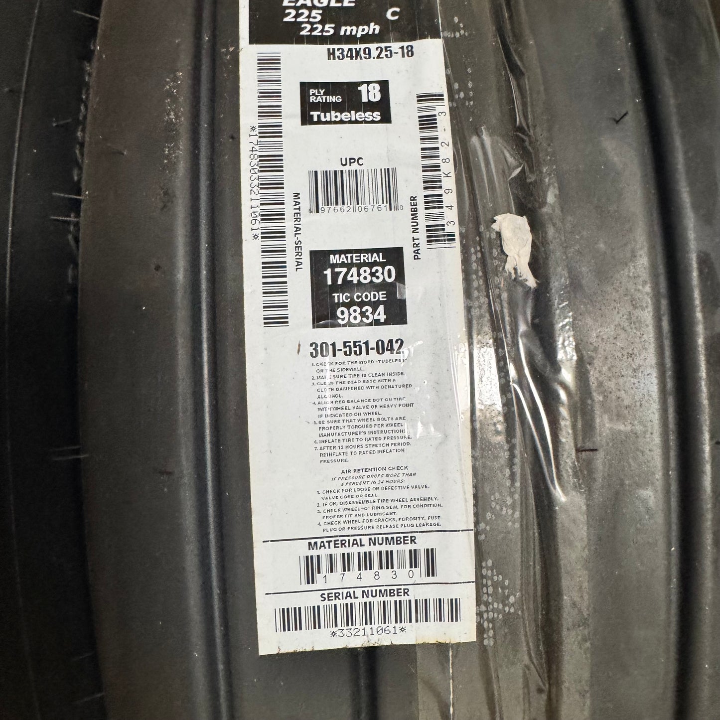 349K82-3 Goodyear Tire & Rubber® Aviation Tl Flight Eagle® 18 Ply Tire 301-551-042 H34 X 9.25-18 225 mph