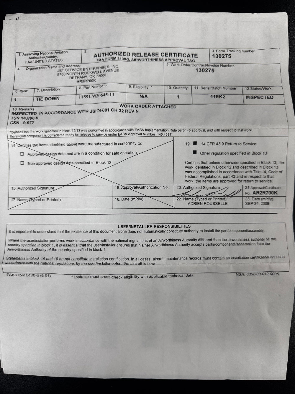 1159LM20645-11 TIE DOWN FAA 8130-3