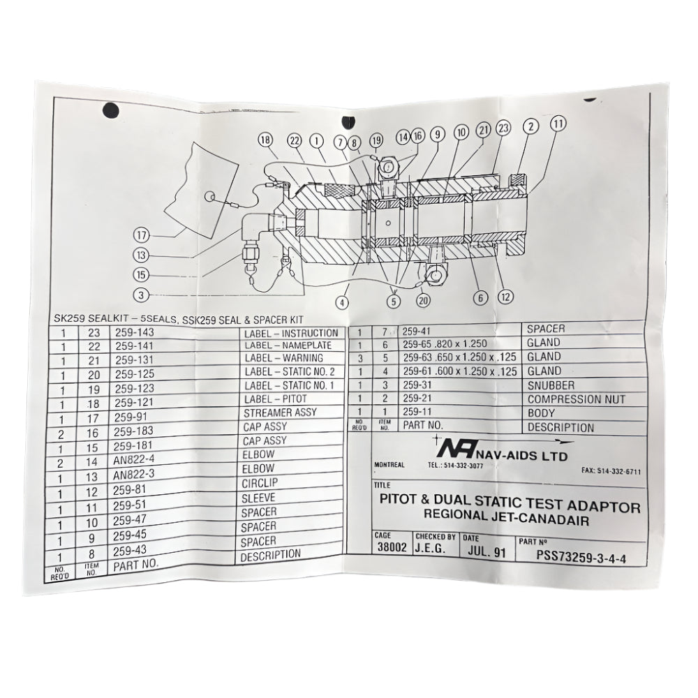 PSS73259-3-4-4 ADAPTOR, PITOT TEST