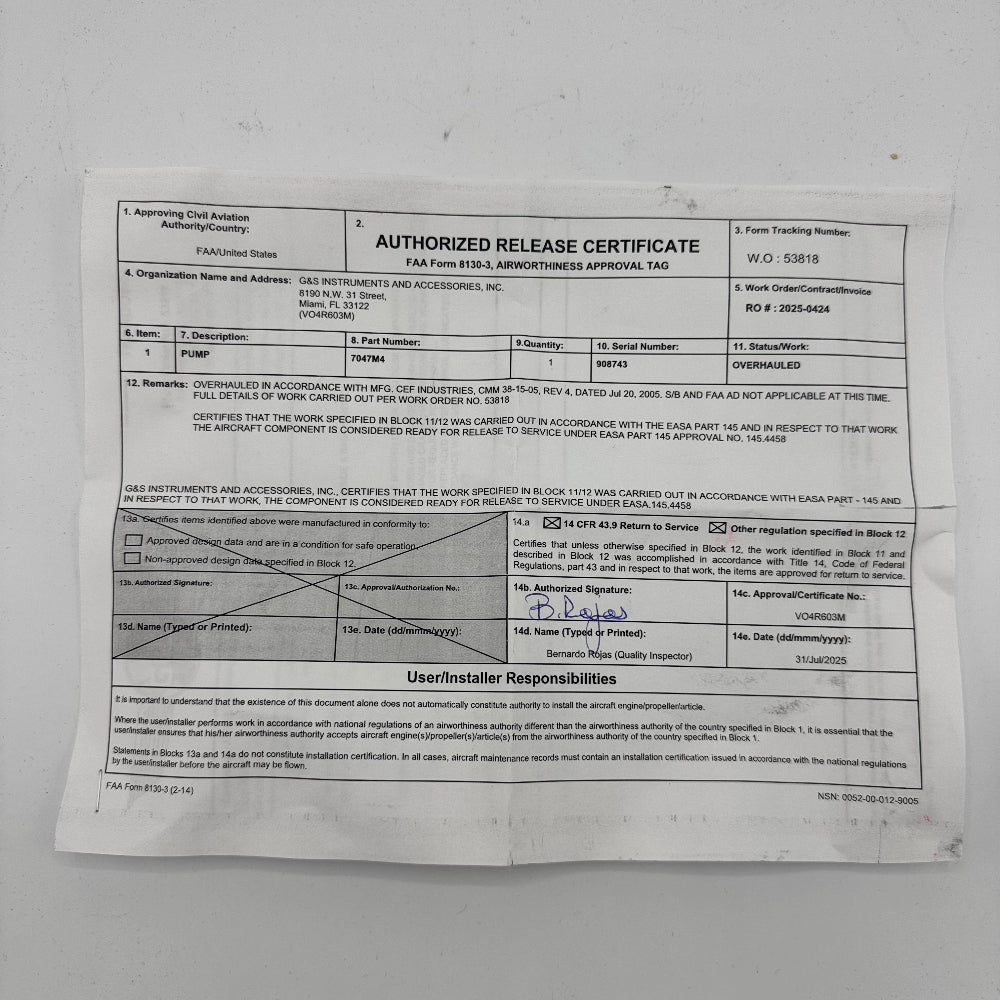 7047M4 PUMP COMPRESSOR  COND: OH FAA 8130 - IN STOCK